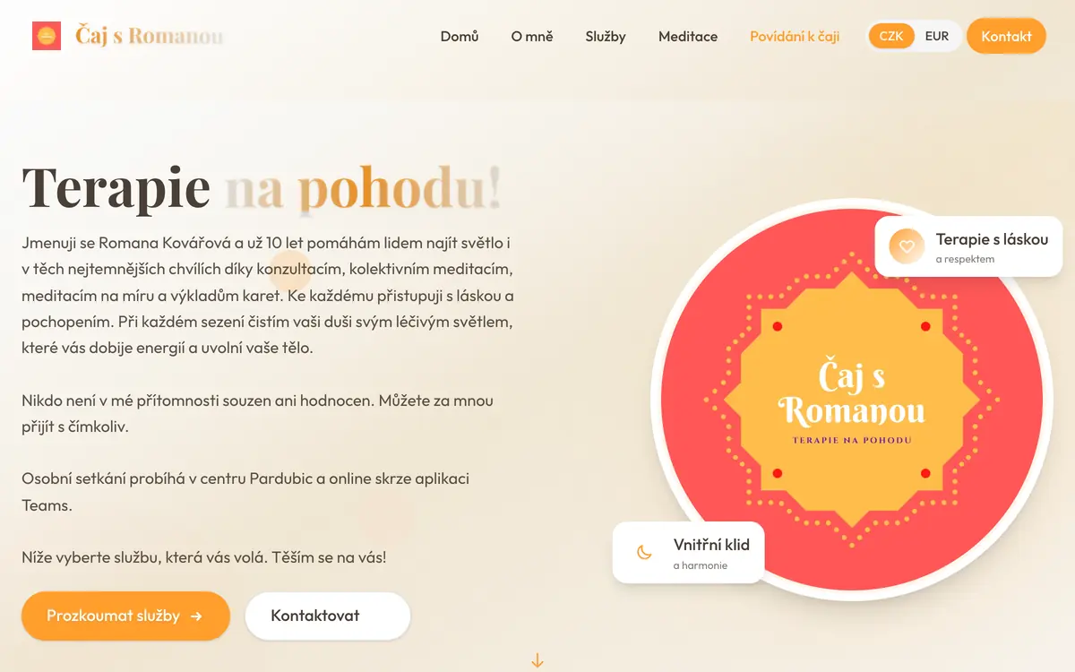 Web Čaj s Romanou – terapie, meditace a výklad karet